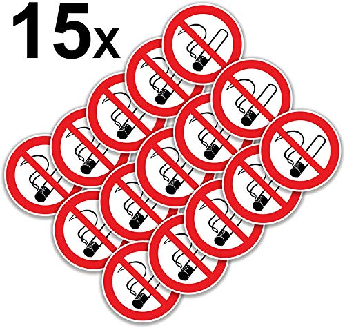 15 pegatinas prohibidas de fumar, 7 cm de diámetro, con protección UV, señal de advertencia para exterior e interior, cartel de prohibición de humo