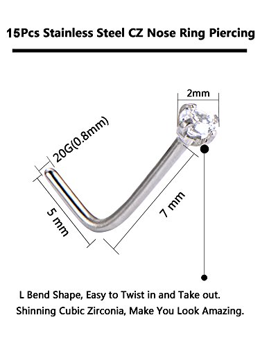 15 Piezas Piercing de Nariz en Forma de L Pendiente de Nariz Barra Curvada Joyería de Piercing de Nariz, 15 Colores