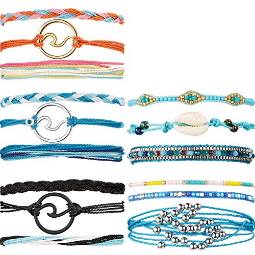 15 Piezas Pulsera de Moda Playa de Verano Pulsera Ajustable Tobilleras Cuentas de Ola Hechas a Mano Impermeable Cera recubierta Cuerdas Trenzadas Pulseras Joyería para Mujer (Estilo 1)