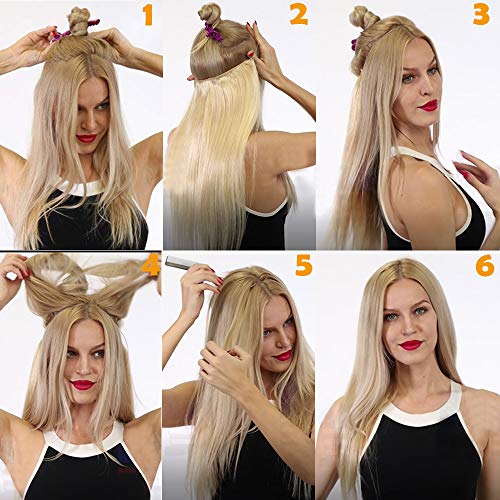 16" Extensiones de Cabello Natural con Hilo Invisible Sin Clip 100% Remy Pelo Natural Humano Una Pieza Liso Ajuatable Hair Extensions [40cm,60g,#1B Negro Natural]