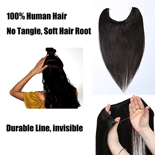 16" Extensiones de Cabello Natural con Hilo Invisible Sin Clip 100% Remy Pelo Natural Humano Una Pieza Liso Ajuatable Hair Extensions [40cm,60g,#1B Negro Natural]