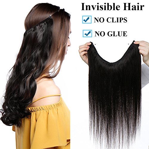 16" Extensiones de Cabello Natural con Hilo Invisible Sin Clip 100% Remy Pelo Natural Humano Una Pieza Liso Ajuatable Hair Extensions [40cm,60g,#1B Negro Natural]