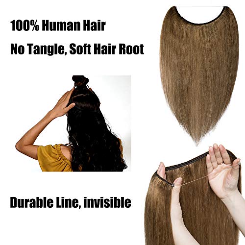 16" Extensiones de Cabello Natural con Hilo Invisible Sin Clip 100% Remy Pelo Natural Humano Una Pieza Liso Ajuatable Hair Extensions [40cm,60g,#6 Castaño Dorado]