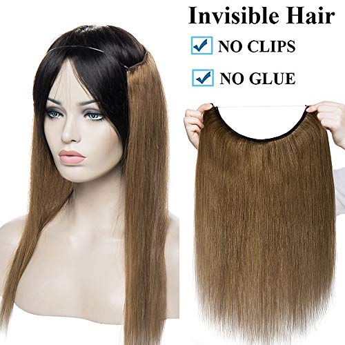 16" Extensiones de Cabello Natural con Hilo Invisible Sin Clip 100% Remy Pelo Natural Humano Una Pieza Liso Ajuatable Hair Extensions [40cm,60g,#6 Castaño Dorado]