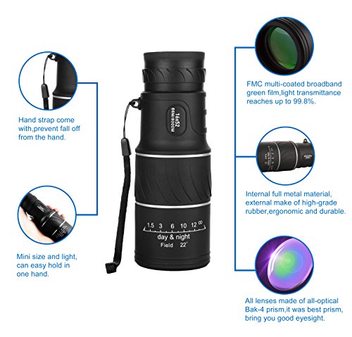 16 x 52 monocular telescopio AOBETAK vision nocturna binoculars con adaptador de movil y trípode, prismáticos para adultos y niños que miran pájaros viajando, al aire libre caza 98 m/8000 m
