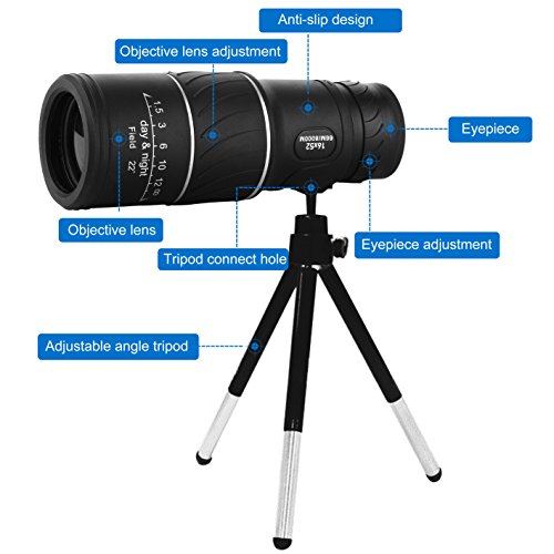 16 x 52 monocular telescopio AOBETAK vision nocturna binoculars con adaptador de movil y trípode, prismáticos para adultos y niños que miran pájaros viajando, al aire libre caza 98 m/8000 m