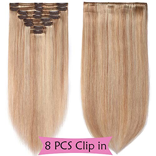 16"(40cm) Extensiones de Clip de Pelo Natural Double Weft(Muy Gruesas) #18/613 Ash Rubio/Blanqueador Rubio Cabello Humano 100% Remy 8 Piezas 18 Clips Lisas Largas Postizos Pelucas (130g)
