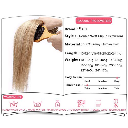16"(40cm) Extensiones de Clip de Pelo Natural Double Weft(Muy Gruesas) #18/613 Ash Rubio/Blanqueador Rubio Cabello Humano 100% Remy 8 Piezas 18 Clips Lisas Largas Postizos Pelucas (130g)
