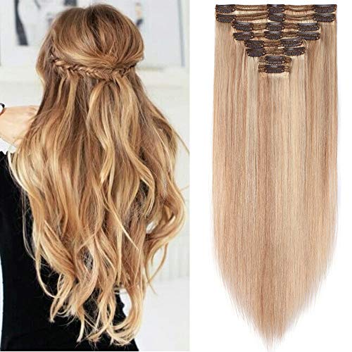 16"(40cm) Extensiones de Clip de Pelo Natural Double Weft(Muy Gruesas) #18/613 Ash Rubio/Blanqueador Rubio Cabello Humano 100% Remy 8 Piezas 18 Clips Lisas Largas Postizos Pelucas (130g)