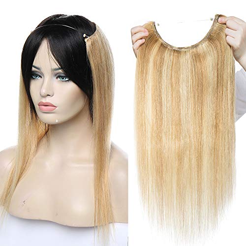 16"(40cm) Extensiones de Pelo Natural Hilo Invisible 100% Remy Cabello Natural Humano Sin Clip Una Pieza Lisa 16 Pulgadas(60g,#18/613 Rubio Ceniza/Blanqueador Rubio)
