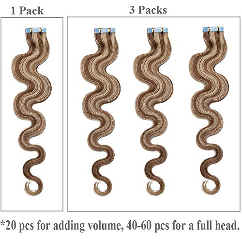 16"(40cm) SEGO Extensiones Adhesivas Rizadas de Cabello Natural 20PCS [#12/613 Marrón Dorado/Blanqueador Rubio] 100% Remy Pelo Humano sin Clip Tape in Hair (50g)