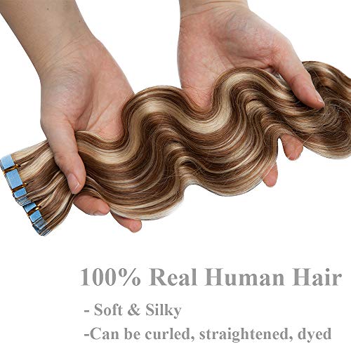 16"(40cm) SEGO Extensiones Adhesivas Rizadas de Cabello Natural 20PCS [#12/613 Marrón Dorado/Blanqueador Rubio] 100% Remy Pelo Humano sin Clip Tape in Hair (50g)