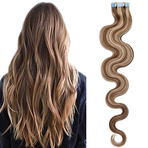 16"(40cm) SEGO Extensiones Adhesivas Rizadas de Cabello Natural 20PCS [#12/613 Marrón Dorado/Blanqueador Rubio] 100% Remy Pelo Humano sin Clip Tape in Hair (50g)