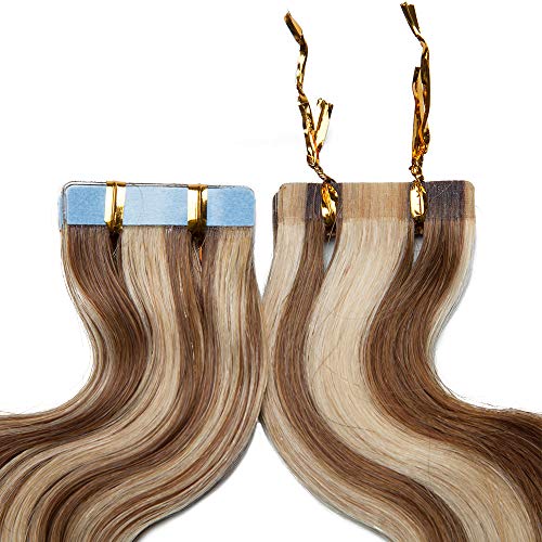 16"(40cm) SEGO Extensiones Adhesivas Rizadas de Cabello Natural 20PCS [#12/613 Marrón Dorado/Blanqueador Rubio] 100% Remy Pelo Humano sin Clip Tape in Hair (50g)