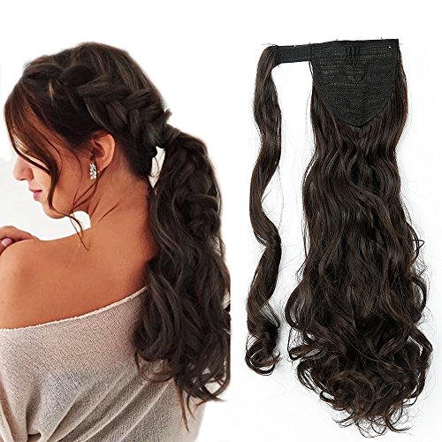 17"(43cm) Coleta Postiza de Pelo Sintético Rizado con Clips Extensiones de Cabello Invisible y Natural Ponytail Hair Extension (90g,Castaño Oscuro)