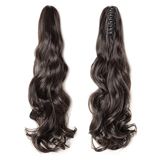 18"(45cm) Coleta Postiza con Pinza Pelo Sintético Se Ve Natural Extensiones de Cabello Clip Cola Rizada Ondulada Ponytail Extension (140g,Castaño Oscuro)