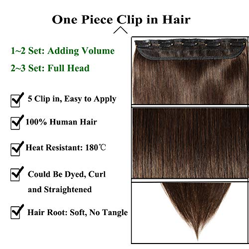 18"(45cm) SEGO Extensiones de Clip de Pelo Natural Humano [#2 Marrón Oscuro] Cabello 100% Remy [Una Pieza 5 Clips] 3/4 Cabeza Completa Postizos Pelucas Lisas (50g)