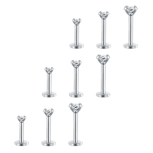 2-4mm CZ 16G Piercing Labret Labio Anillo Piercing Oreja Tragus Helix Stud Barra Piercing Cartílago 6-10mm Acero quirúrgico 9 Piezas