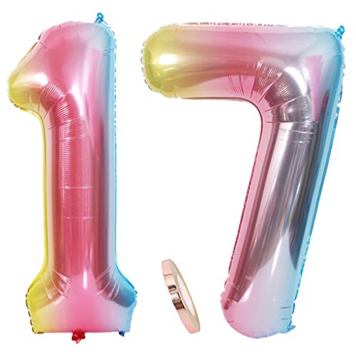 2 Globos Número 17 Arco Iris, Ouceanwin Gigante Foil Globos Numeros 17 Grande Globo de Papel de Alumini, 40" Globo Inflable Helio para Decoraciones de Fiesta de Cumpleaños 17 años Niña Niño