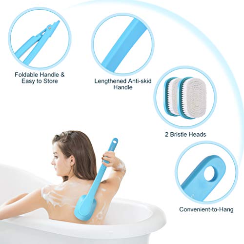 2-in-1 Cepillo de ducha plegable con 2 cabezales de cepillo, depurador posterior, cepillo de cuerpo portátil con cerdas duras y suaves-PRETTY SEE