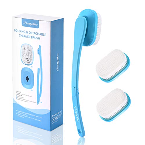 2-in-1 Cepillo de ducha plegable con 2 cabezales de cepillo, depurador posterior, cepillo de cuerpo portátil con cerdas duras y suaves-PRETTY SEE