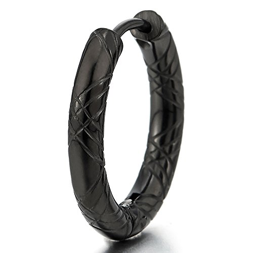 2 Negro Acanalados Círculo Pendientes del Aro, Pendientes para Hombre Mujer, Acero Inoxidable(12MM)