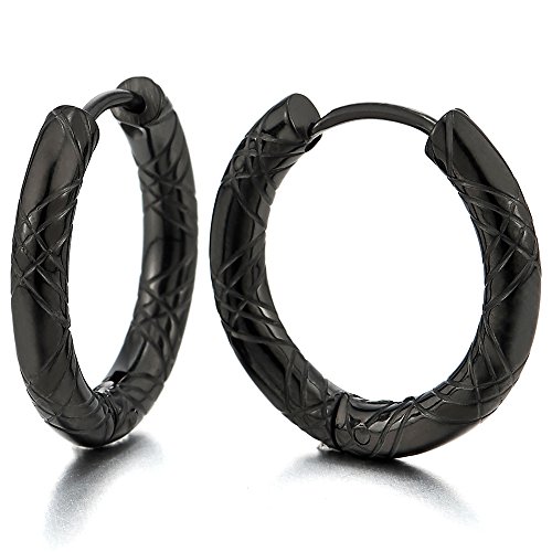 2 Negro Acanalados Círculo Pendientes del Aro, Pendientes para Hombre Mujer, Acero Inoxidable(14MM)