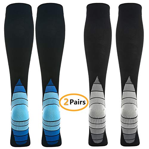 2 Pares Calcetines/Medias de Compresión para Hombres y Mujeres, Running, Deporte, Correr, Senderismo, Volar, Viajar, Varicosas, Embarazo y Médicos (EU 43-46, Azul+Gris- 2 Pairs)
