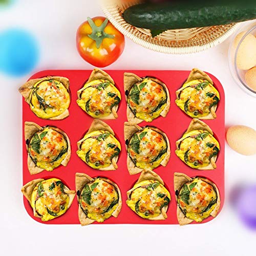 2 pcs Molde para Magdalenas Silicona and 1pcs Espátula, mini Muffin 12 tazas, Recubrimiento Antiadherente, Cupcake Brownie Budín Latta de Mollete Muffin Bandeja para Hornear Panecillos (RED/2pack)