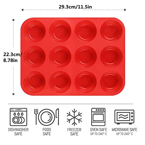 2 pcs Molde para Magdalenas Silicona and 1pcs Espátula, mini Muffin 12 tazas, Recubrimiento Antiadherente, Cupcake Brownie Budín Latta de Mollete Muffin Bandeja para Hornear Panecillos (RED/2pack)
