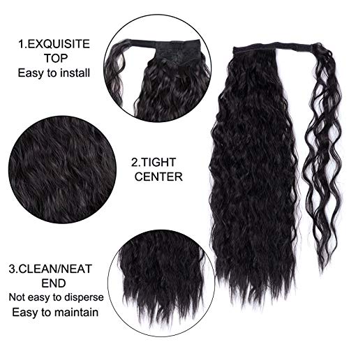 2 piezas de 32 pulgadas de largo, negro, rizado, cola de caballo, extensión de cabello, envoltura alrededor de extensiones de cola de caballo, clip sintético en cola de caballo para mujeres