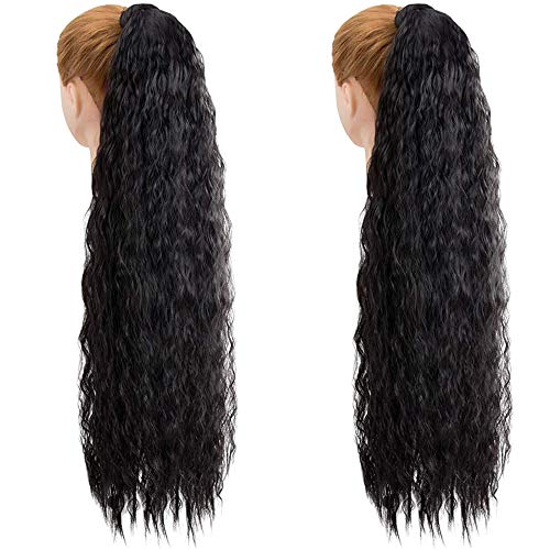 2 piezas de 32 pulgadas de largo, negro, rizado, cola de caballo, extensión de cabello, envoltura alrededor de extensiones de cola de caballo, clip sintético en cola de caballo para mujeres