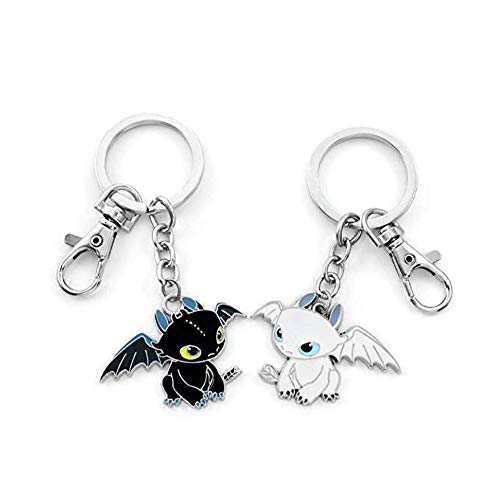 2 Piezas Llavero para Parejas en Forma Dragón Amante Llavero Colgante Toothless de Aleación Keychain Metal para los Amantes Regalo del Día de San Valentín y Aniversario (Negro + Blanco)