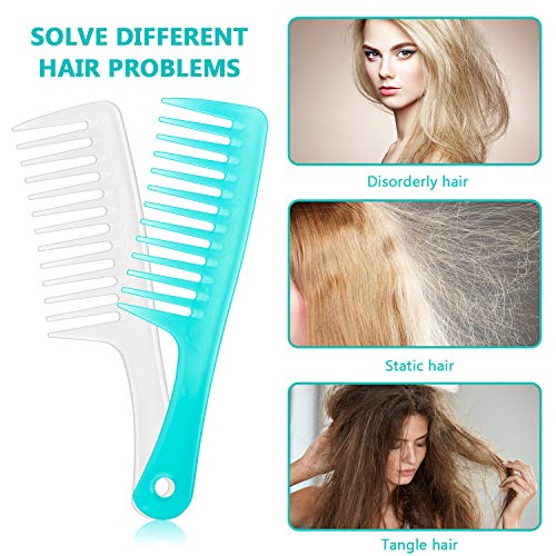 2 Piezas Peines de Dientes Anchos Peines de Desenredado Redondo con Mango Peines Grandes de Pelo de Paleta para Cabello Seco, Rizado, Largo Húmedo Uso Diario, Cian, Blanco