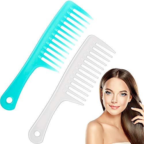 2 Piezas Peines de Dientes Anchos Peines de Desenredado Redondo con Mango Peines Grandes de Pelo de Paleta para Cabello Seco, Rizado, Largo Húmedo Uso Diario, Cian, Blanco