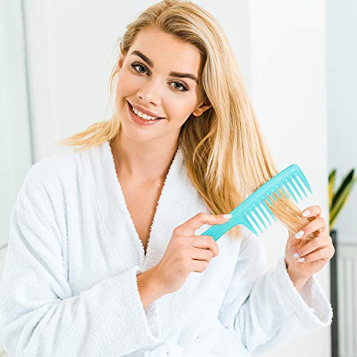 2 Piezas Peines de Dientes Anchos Peines de Desenredado Redondo con Mango Peines Grandes de Pelo de Paleta para Cabello Seco, Rizado, Largo Húmedo Uso Diario, Cian, Blanco