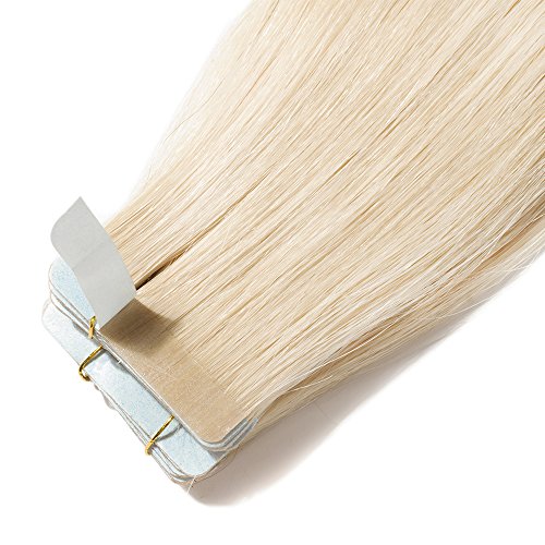 20 Piezas Extensiones Adhesivas Pelo Natural de Cabello Humano Remy Tape in Hair Extension Liso - 40 cm (50g) #60 Rubia Platino