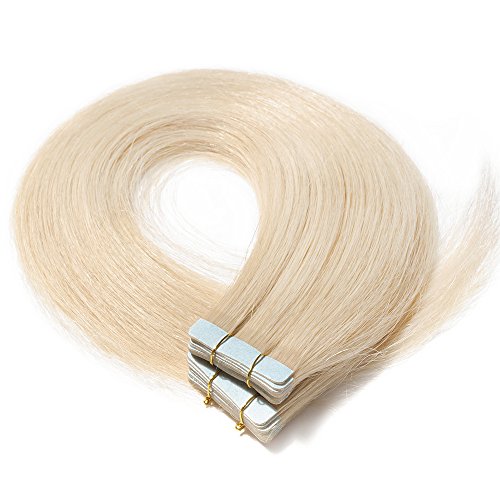 20 Piezas Extensiones Adhesivas Pelo Natural de Cabello Humano Remy Tape in Hair Extension Liso - 40 cm (50g) #60 Rubia Platino