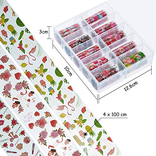 20 Rollos de Pegatinas de Transfer de Papel Aluminio de Uñas, Pegatinas de Patrón de Labios Rojos Rosa Romántica Flamenco Corazón y Gel Adhesivo