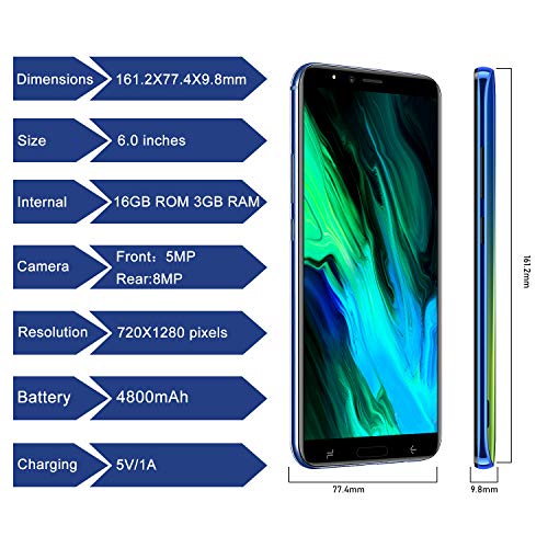 2020 Moviles Libres 4G, Teléfono Móvil de 6.0’’ Pulgadas 18:9 HD 3GB RAM 16GB ROM/64GB Android 8.1 Quad-Core Smartphone Libres 4800mAh Batería Dual SIM Dual Cámara 8MP Face ID（Oro）