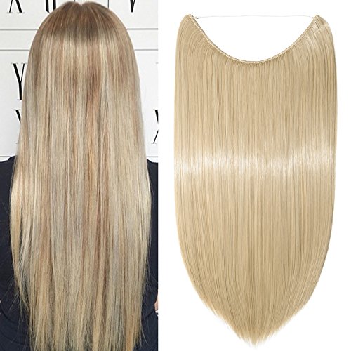 20"(50cm) Extensiones de Cabello Natural con Hilo Invisible Sin Clip Pelo Sintético Se Ve Natural Una Pieza Postizos de Pelo Liso Pelucas (90g,Rubio Oscuro mezcla Blanqueador Rubio)