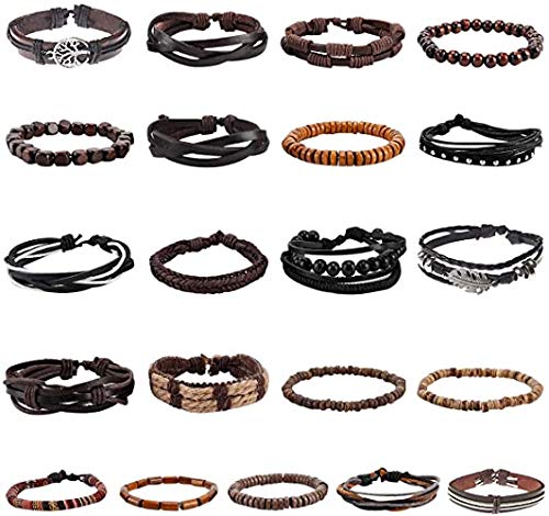 21 Piezas Cuero Pulseras Árbolde la Vida para Hombres Mujer Trenzado Pulsera Cuentas de Madera Cuerda Brazalet Vintage Pulsera Ajustable