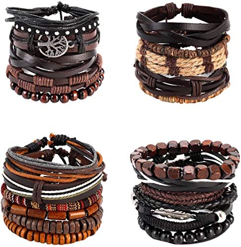 21 Piezas Cuero Pulseras Árbolde la Vida para Hombres Mujer Trenzado Pulsera Cuentas de Madera Cuerda Brazalet Vintage Pulsera Ajustable