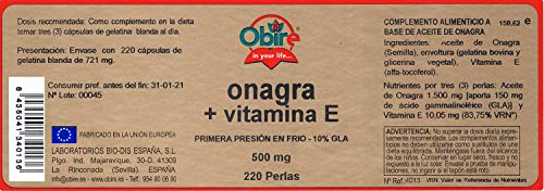 220 perlas Aceite de Onagra 500 mg con 10% en GLA (Ácido Gamma-linolénico) + 3,35 mg de Vitamina E. 220 perlas