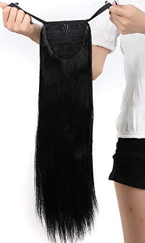 22"(55cm) Coleta Postiza Pelo Sintético Se Ve Natural con Cinta Extensiones de Cabello Clip Cola Postiza Pelucas Postizos Lisa Rizada Ondulada Larga (90g,Negro)