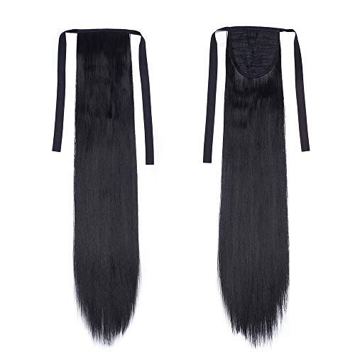 22"(55cm) Coleta Postiza Pelo Sintético Se Ve Natural con Cinta Extensiones de Cabello Clip Cola Postiza Pelucas Postizos Lisa Rizada Ondulada Larga (90g,Negro)