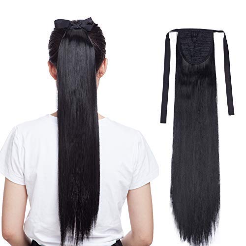 22"(55cm) Coleta Postiza Pelo Sintético Se Ve Natural con Cinta Extensiones de Cabello Clip Cola Postiza Pelucas Postizos Lisa Rizada Ondulada Larga (90g,Negro)