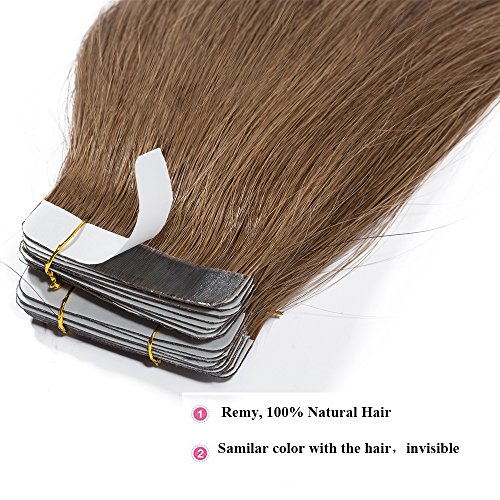 22"(55cm) Extensiones de Cabello Natural Adhesivas Pelo Natural Humano 100% Remy Hair Tape in Hair Extensions 20 Unidades(#6 Marrón Claro,50g)