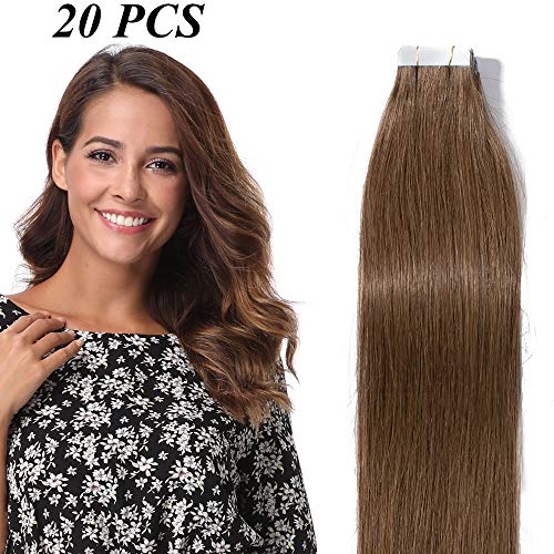 22"(55cm) Extensiones de Cabello Natural Adhesivas Pelo Natural Humano 100% Remy Hair Tape in Hair Extensions 20 Unidades(#6 Marrón Claro,50g)