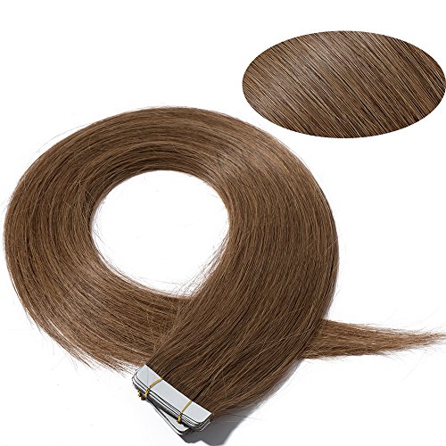 22"(55cm) Extensiones de Cabello Natural Adhesivas Pelo Natural Humano 100% Remy Hair Tape in Hair Extensions 20 Unidades(#6 Marrón Claro,50g)